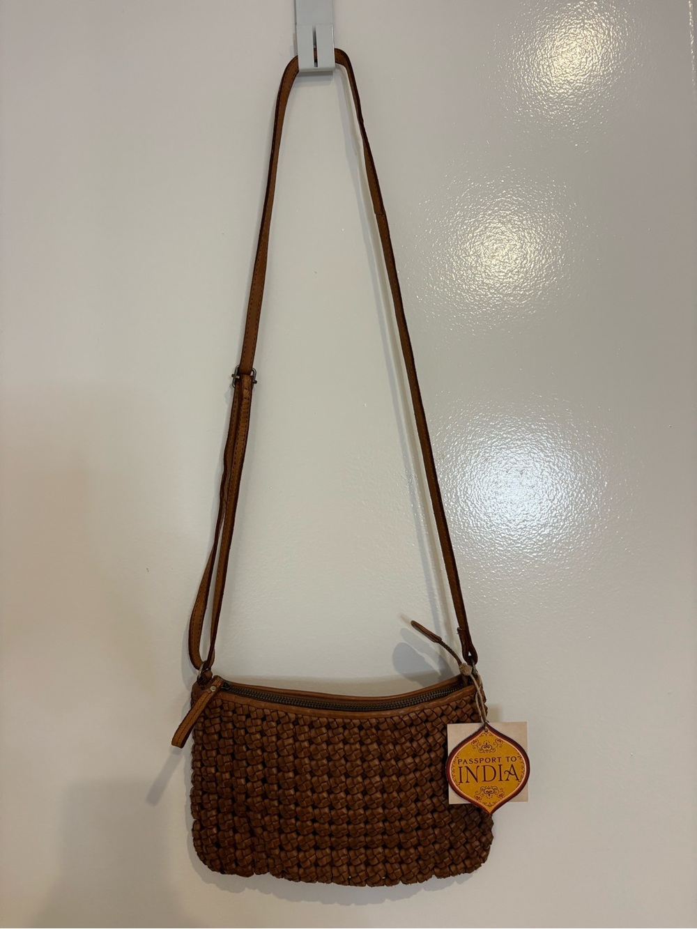 NWT Genuine Leather Brown Crossbody Bag Boho Handcrafted Woven Passport to India